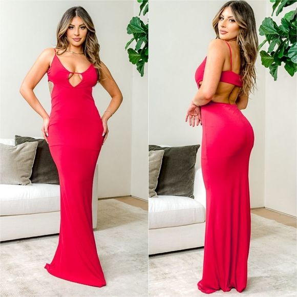 Plunge Maxi Dress - Red - Picture 2 of 5